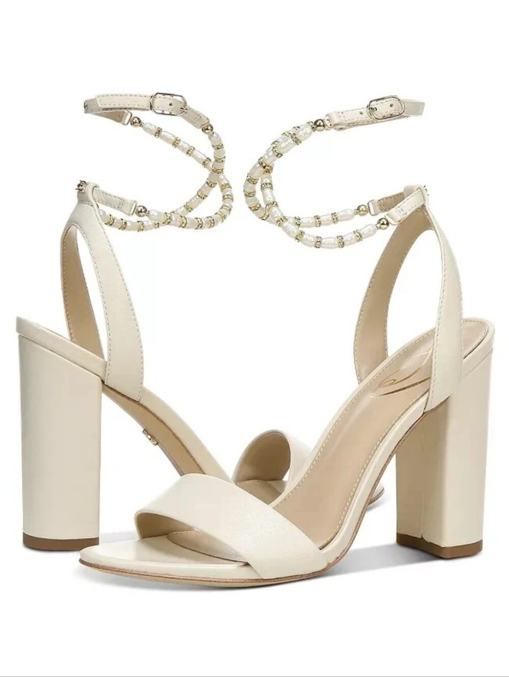 Sam Edelman Yanelli Ivory Leather Pearl Rhinestone Embellishment Strap Gold